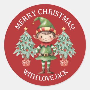 Cute Cartoon Elf Boy Merry Christmas Letter Classic Round Sticker