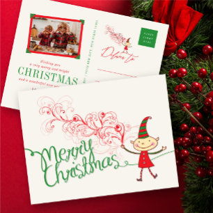 Cute Cartoon Elf & Swirls Magical Merry Christmas Holiday Postcard