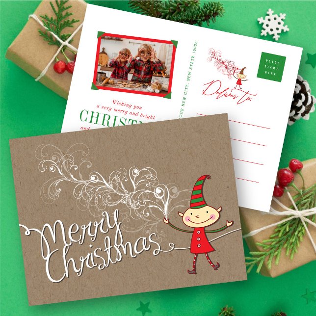 Cute Cartoon Elf Swirls Magical Merry Christmas Holiday Postcard (Creator Uploaded)