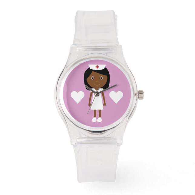 Cute Cartoon Ethnic Nurse & Hearts Pink Watch (Front)