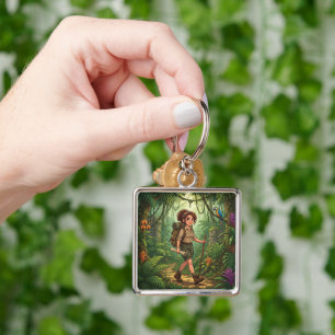 Cute Cartoon Explorer Girl in the Jungle Key Ring