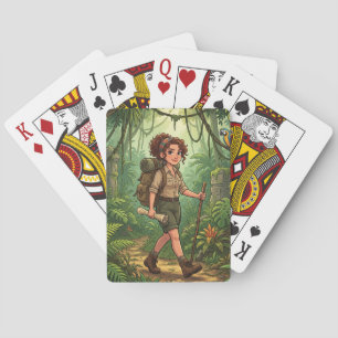 Cute Cartoon Explorer Girl in the Jungle Playing Cards