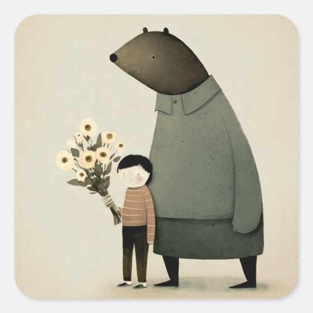 Cute cartoon fairy bear and boy. Floral Birthday Square Sticker (Front)