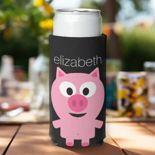 Cute Cartoon Farm Pig - Pink and Black Seltzer Can Cooler
