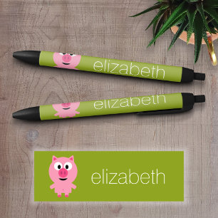 Cute Cartoon Farm Pig - Pink and Lime Green Black Ink Pen
