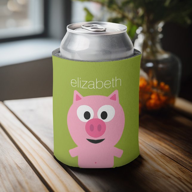 Cute Cartoon Farm Pig - Pink and Lime Green Can Cooler (Celebrate with a personalized can cooler - add your name or monogram. Great party favor or gift)
