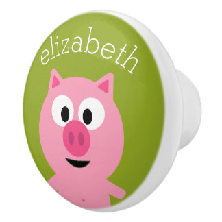 Cute Cartoon Farm Pig - Pink and Lime Green Ceramic Knob