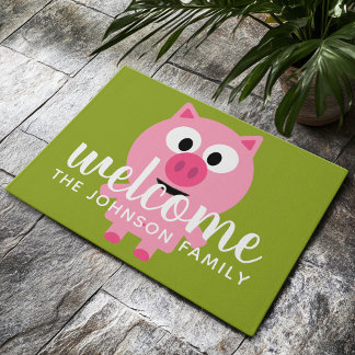 Cute Cartoon Farm Pig - Pink and Lime Green Doormat