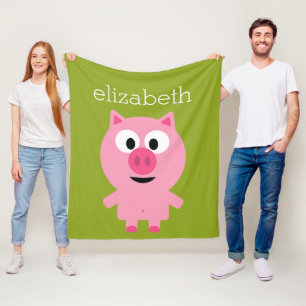 Cute Cartoon Farm Pig - Pink and Lime Green Fleece Blanket