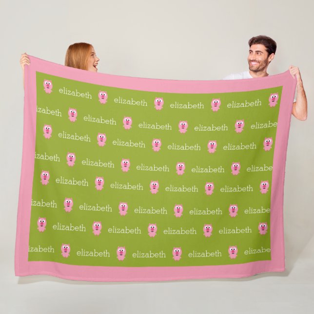 Cute Cartoon Farm Pig - Pink and Lime Green Fleece Blanket (In Situ)