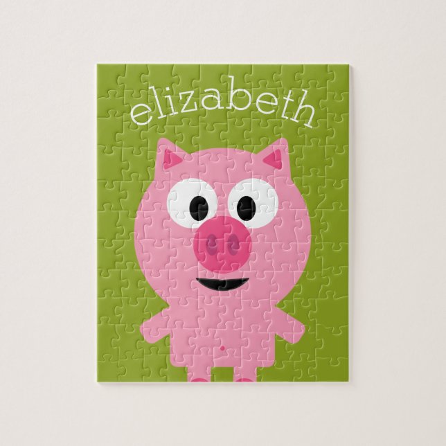 Cute Cartoon Farm Pig - Pink and Lime Green Jigsaw Puzzle (Vertical)