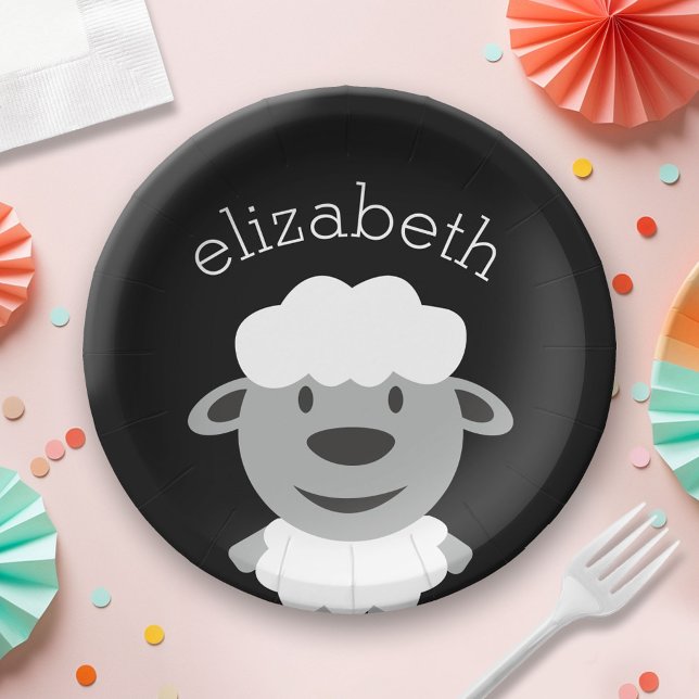 Cute Cartoon Farm Sheep - black and grey Paper Plate (Custom Paper Plate for a Party)