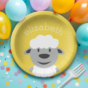 Cute Cartoon Farm Sheep - yellow and grey Paper Plate