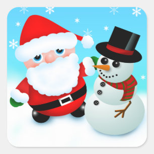 Cute cartoon father christmas with a snowman square sticker