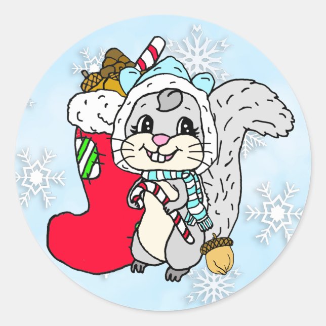 Cute Cartoon Festive Squirrel Christmas Classic Round Sticker (Front)