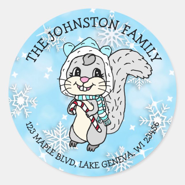 Cute Cartoon Festive Squirrel Christmas Classic Round Sticker (Front)