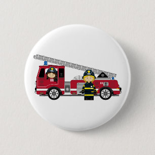 Cute Cartoon Fireman and Fire Engine 6 Cm Round Badge