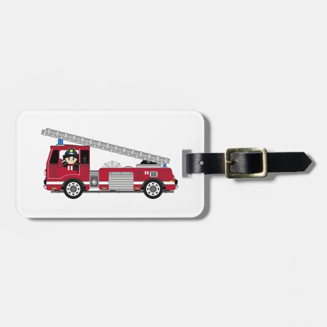Cute Cartoon Fireman and Fire Engine Luggage Tag (Front Horizontal)