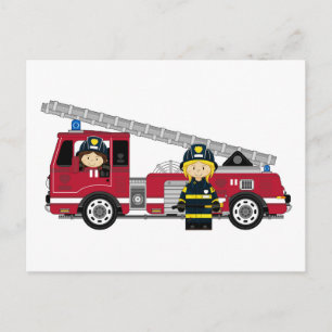 Cute Cartoon Fireman and Fire Engine Postcard