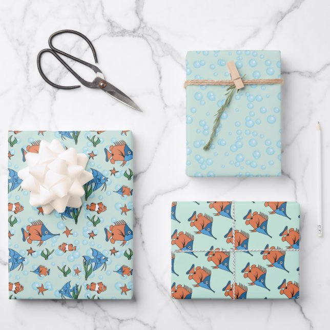 Cute Cartoon FisWrapping Paper Flat Sheet Set of 3 (Front)