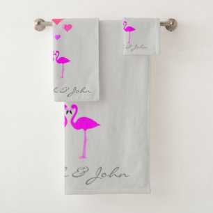 Cute Cartoon Flamingos In Love -Personalised Bath Towel Set
