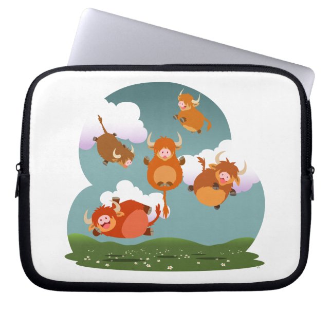 Cute Cartoon Floating Highland Cows Laptop Sleeve (Front)