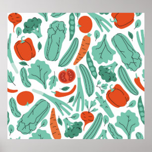 Cute Cartoon Food: Vibrant Vegetables Pattern Poster