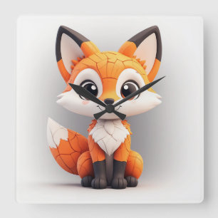 Cute Cartoon Fox 3D Toy Mascot Sitting And Smiling Square Wall Clock