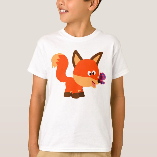 Cute Cartoon Fox  And Butterfly Children T-Shirt (Front)