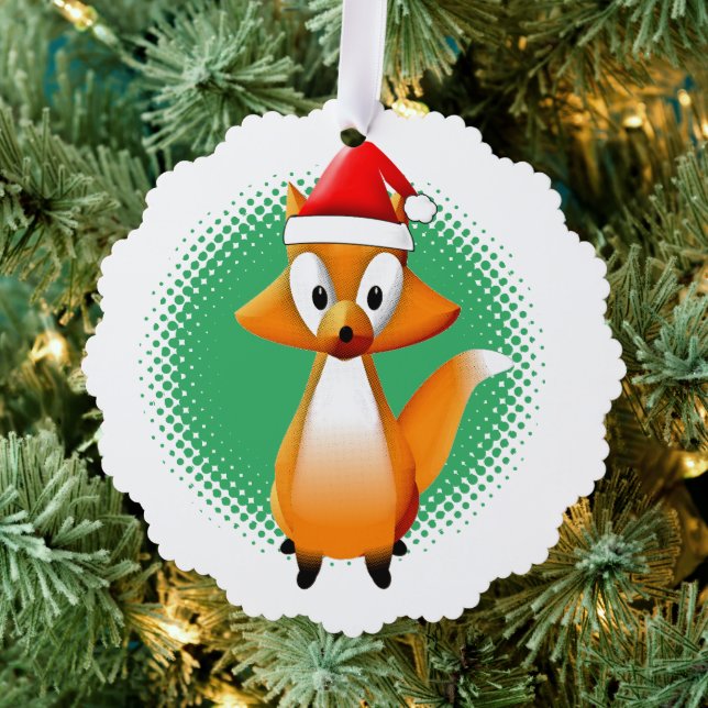 Cute Cartoon Fox Animal With Santas Hat Tree Decoration Card (Insitu (Tree))
