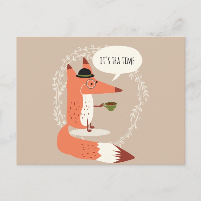 Cute cartoon fox having tea time postcard (Front)