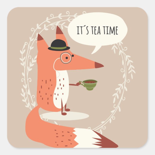 Cute cartoon fox having tea time square sticker (Front)