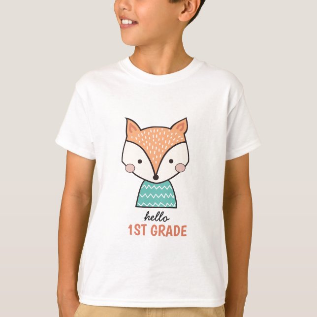 Cute cartoon fox hello 1st grade T-Shirt (Front)