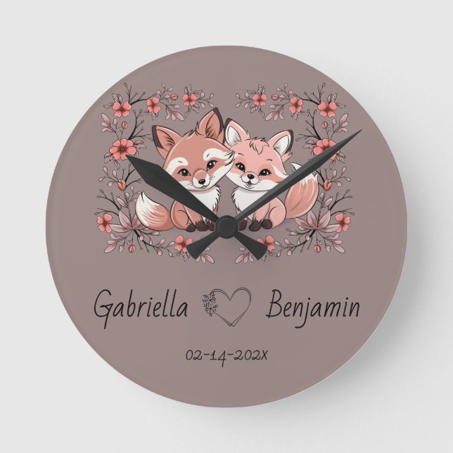 Cute Cartoon Fox Lovers Heart Valentine’s Day  Round Clock (Front)
