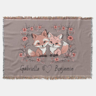 Cute Cartoon Fox Lovers Heart Valentine’s Day Throw Blanket