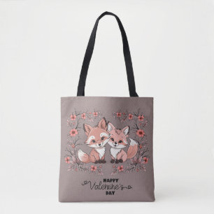 Cute Cartoon Fox Lovers Heart Valentine’s Day Tote Bag