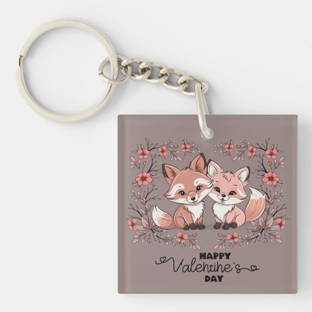 Cute Cartoon Fox Lovers Hearts Valentine’s Day Key Ring (Front)