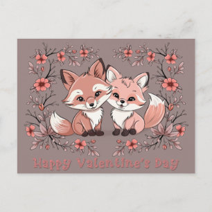Cute Cartoon Fox Lovers Hearts Valentine’s Day Postcard