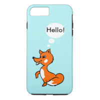 Cute cartoon fox on blue background saying hello