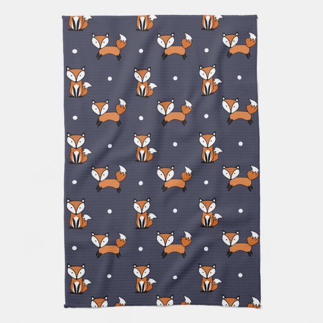 Cute Cartoon Fox Pattern on Midnight Blue Tea Towel (Vertical)