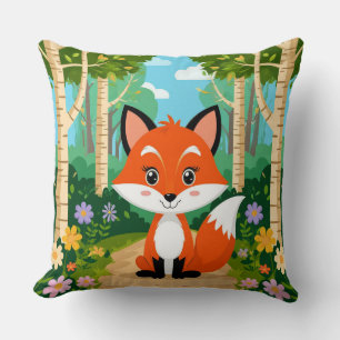 Cute Cartoon Fox Sitting On Forest Path Cushion