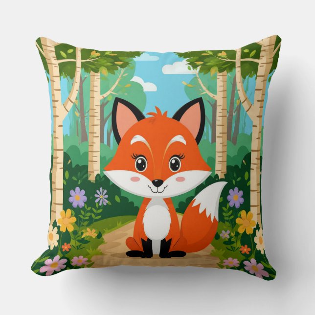 Cute Cartoon Fox Sitting On Forest Path Cushion (Front)