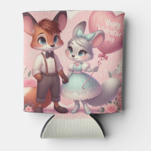 Cute cartoon foxes Valentine's day Can Cooler