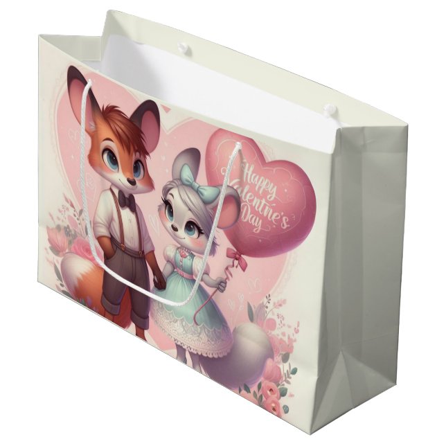 Cute cartoon foxes Valentine's day Large Gift Bag (Front Angled)
