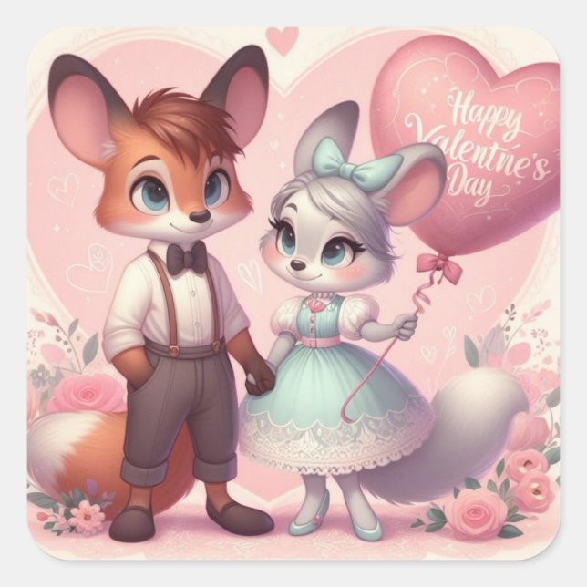 Cute cartoon foxes Valentine's day Square Sticker (Front)