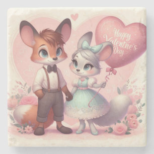 Cute cartoon foxes Valentine's day Stone Coaster
