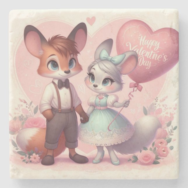 Cute cartoon foxes Valentine's day Stone Coaster (Front)