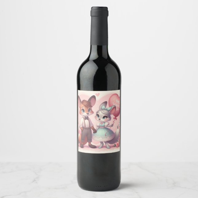 Cute cartoon foxes Valentine's day Wine Label (Front)