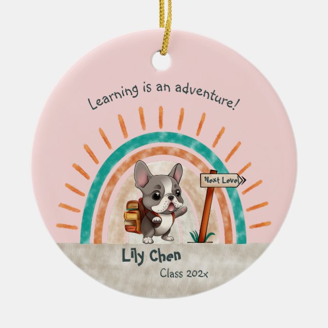 Cute Cartoon French Bulldog Back to School student Ceramic Ornament (Front)