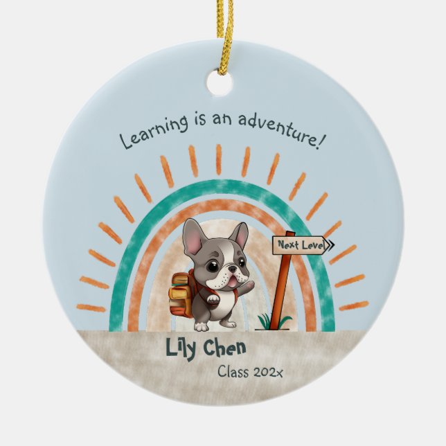 Cute Cartoon French Bulldog Back to School student Ceramic Ornament (Front)